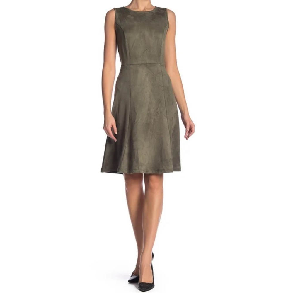 Premise Dress Stretch Fit & Flare Faux Suede Sleeveless Olive Green